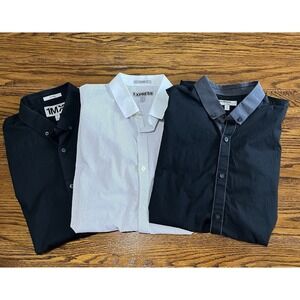 Express 3 Fitted 2 Black White Black Dots Short Sleeve Button Up Men's Large